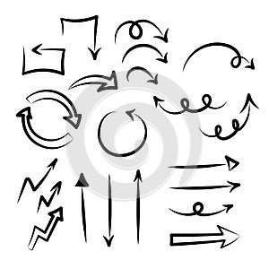 Set of Hand drawn vector arrows doodle on white background.