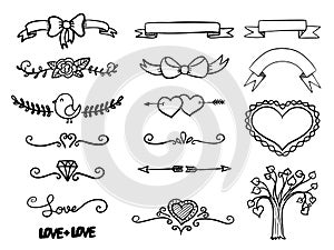 Set of hand drawn vector banner heart curls and borders.