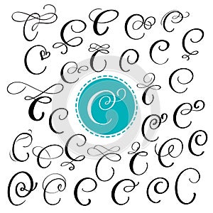 Set of Hand drawn vector calligraphy letter C. Script font. Isolated letters written with ink. Handwritten brush style photo