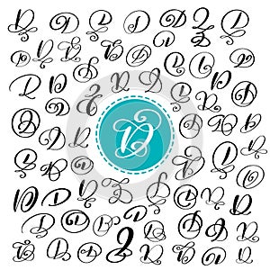 Set of Hand drawn vector calligraphy letter D. Script font. Isolated letters written with ink. Handwritten brush style