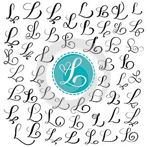 Set of Hand drawn vector calligraphy letter L. Script font. Isolated letters written with ink. Handwritten brush style