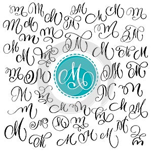 Set of Hand drawn vector calligraphy letter M. Script font. Isolated letters written with ink. Handwritten brush style