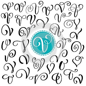 Set of Hand drawn vector calligraphy letter V. Script font. Isolated letters written with ink. Handwritten brush style