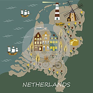 Set of hand drawn vector doodles of Amsterdam, Netherlands