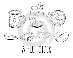 Set of hand drawn vector elements isolated on white. Apple cider with spices and fruit slices. Popular winter alcoholic