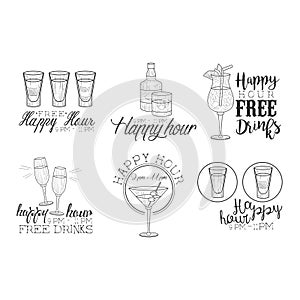 Set of hand drawn vector emblems for cocktail bar or cafe. Sketch style logo templates with alcoholic drinks and