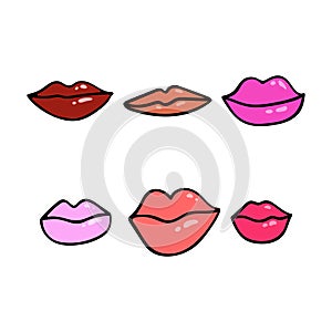 A set of hand-drawn vector female lips of different shapes. Isolate lips in doodle style