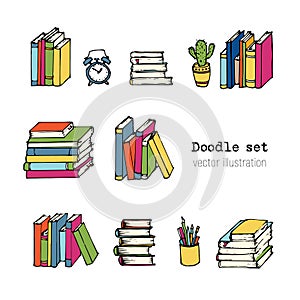 Set of Hand drawn Vector illustration.   Book, Notebooks, Notepads and Diaries Sketch. Stack of books. Office stuff, student desk.