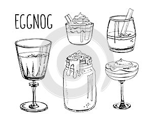 Set of hand drawn vector illustrations isolated on a white background. Eggnog. Traditional Christmas drinks, beverages