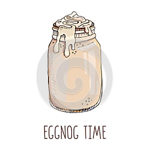 Set of hand drawn vector image in pastel color and modern light narrow lettering isolated on white. Eggnog time