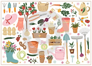 Set hand drawn vector isolated elements of Gardening. Garden tools. Springtime. Vegetables. Garden flowers. Garden accessories.