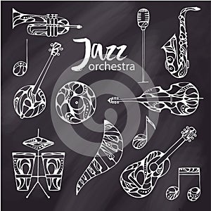 Set of hand-drawn vector music jazz instruments