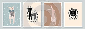 Set of hand drawn vector posters with forest animals and plants. Cute Scandinavian illustration with wild animals in the