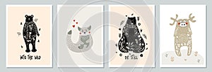 Set of hand drawn vector posters with forest animals and plants. Cute Scandinavian illustration with wild animals in the