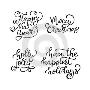 Set of hand drawn vector quotes. Happy New Year. Merry Christmas