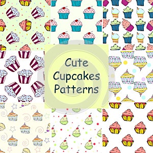 Set of hand drawn vector seamless patterns with cupcakes