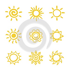 Set of hand drawn vector sketchy sun icons isolated on white background