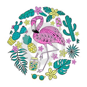 Set of hand drawn vector tropical elements with flamingo, exotic leaves. Circle composition