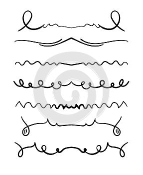 Set of hand drawn vintage calligraphy flourish decorative art whorls for text. Vector illustration. Hnd drawn vintage swirl set