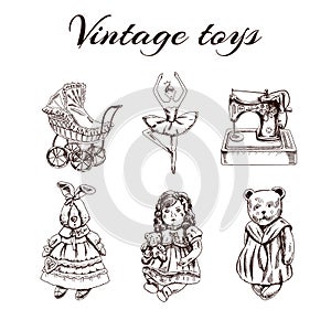 A set of hand-drawn vintage toys: strooler, ballerina, bunny, teddy bear, doll, sewing machine.