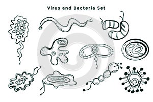 Set of hand drawn virus and bacteria germs
