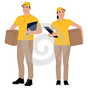 Set of hand-drawn warehouse workers holding boxes with a clipboard. Delivery man and woman