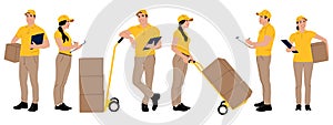 Set of hand-drawn warehouse workers holding boxes with a clipboard. Delivery man and woman with cargo carts