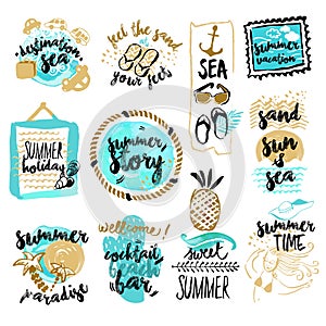 Set of hand drawn watercolor badges and stickers of summer