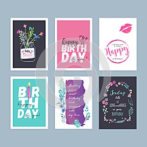 Set of hand drawn watercolor birthday greeting cards