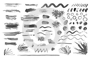 Set of Hand drawn watercolor blots, lines, brush strokes, brushes. Artistic design elements. Doodle style. Vector illustration.