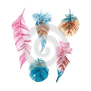 Set of hand drawn watercolor feather