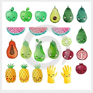 Set of hand drawn watercolor fruits
