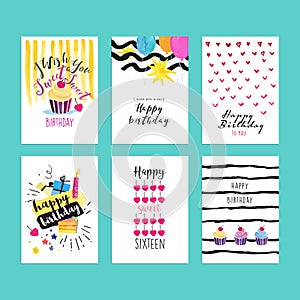 Set of hand drawn watercolor illustrations for birthday greeting cards