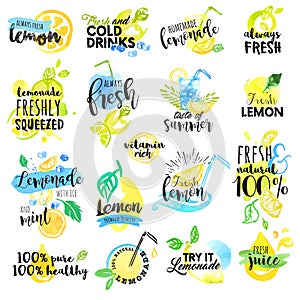 Set of hand drawn watercolor labels and signs of lemon and lemonade