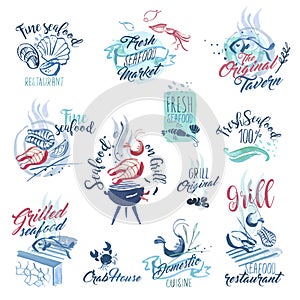 Set of hand drawn watercolor signs and stickers of seafood