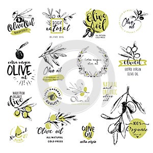 Set of hand drawn watercolor stickers and badges of olive oil