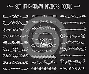 Set of hand drawn white doodle design elements decorative floral dividers arrows and swirls branch vintage decoration on