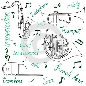 Set of hand-drawn wind musical instruments, notes, and lettering