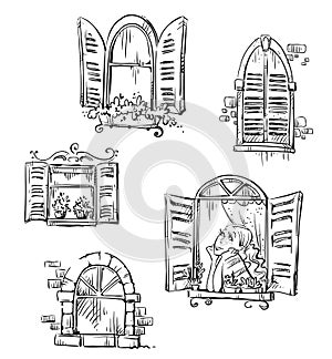 Set of hand drawn windows, vector illustration