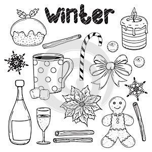 Set of hand drawn winter elements. Christmas traditional objects. Vector illustration. Black and white. Isolated on white. Object