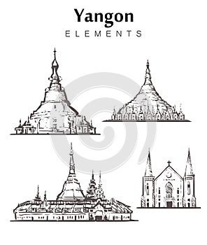 Set of hand-drawn Yangon buildings. Yangon elements sketch illustration