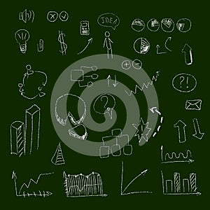 Set of hand drown icons, on chalkboard, for creating business concepts and illustrating ideas