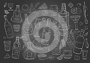 Set of hand drwan different alcohol drinks and bottles on chalkboard