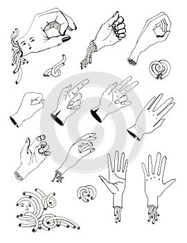 Set of hand gestures. Black and White line drawing