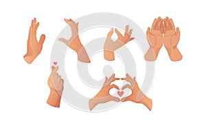 Set of hand gestures. Cartoon human palms and wrist. Emoji for messengers. Finger Heart. Happy Valentines Day. Hand