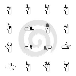 Set of hand gestures in modern thin line style. Vector illustration. Isolated on white background.