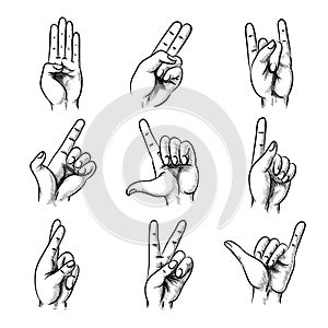 Set of hand gestures in vintage style
