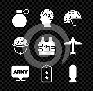 Set Hand grenade, Army soldier, Military helmet, army, rank, Aviation bomb, and Bulletproof vest icon. Vector
