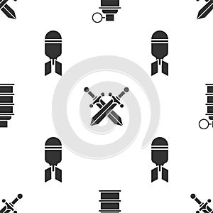 Set Hand grenade, Crossed medieval sword and Aviation bomb on seamless pattern. Vector