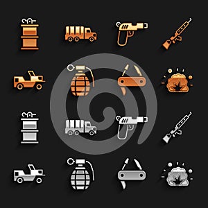 Set Hand grenade, Sniper rifle with scope, Bomb explosion, Swiss army knife, Military jeep, Pistol or gun, smoke and